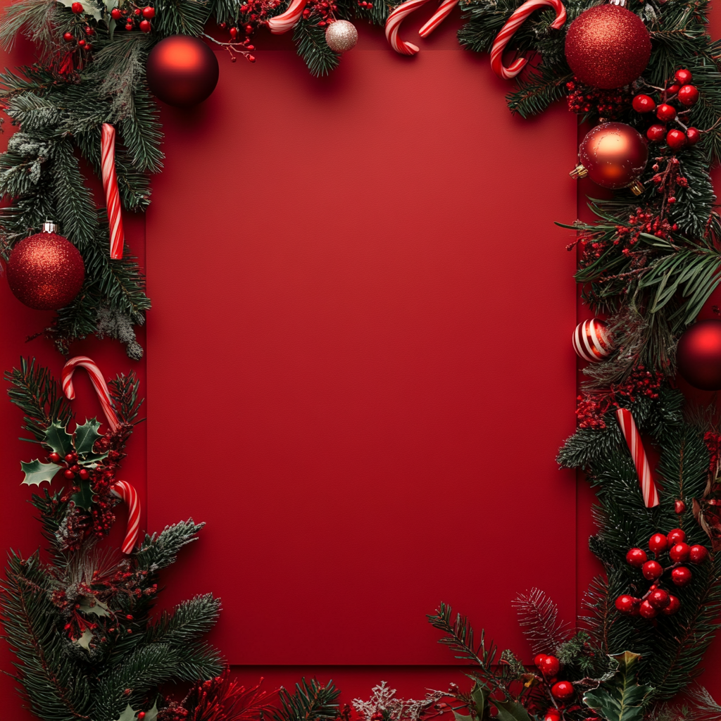 Christmas decorations on red background with blank space