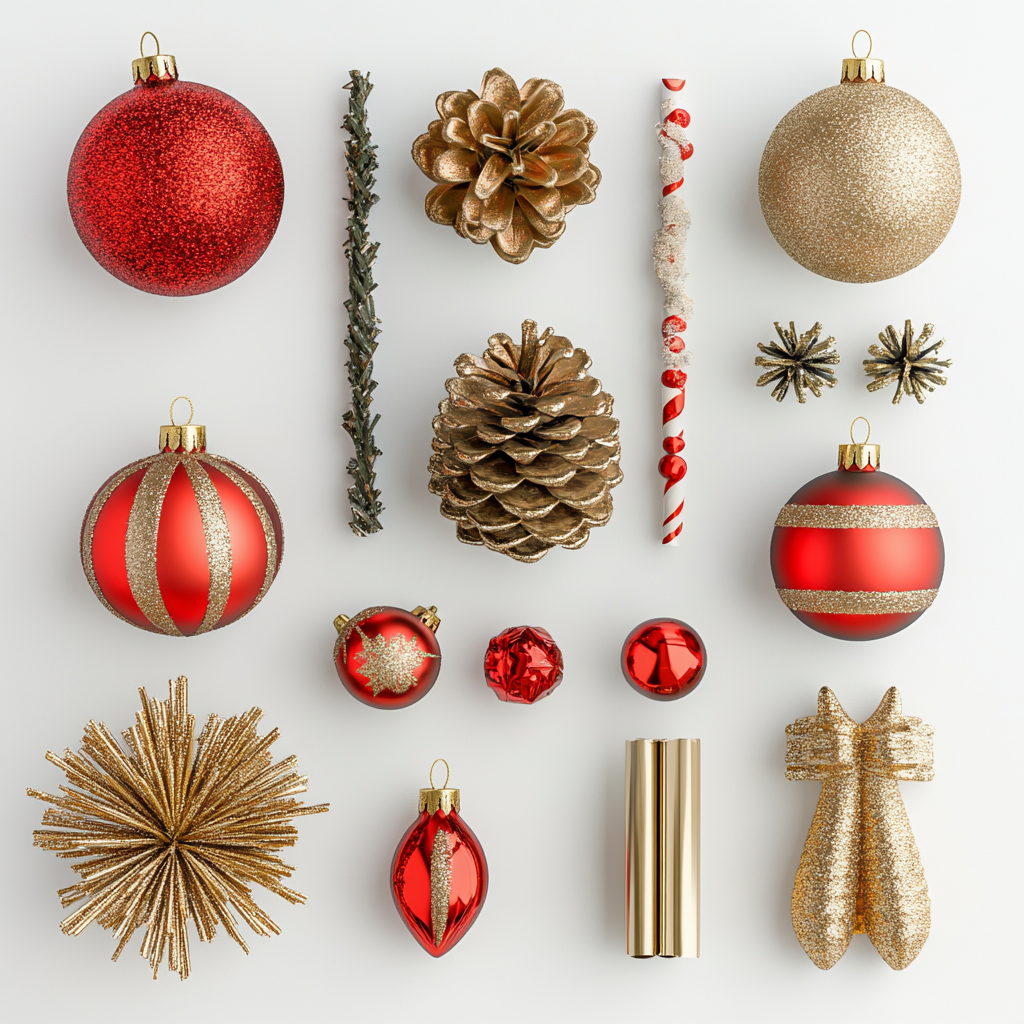 Christmas decorations viewed from above on white background.