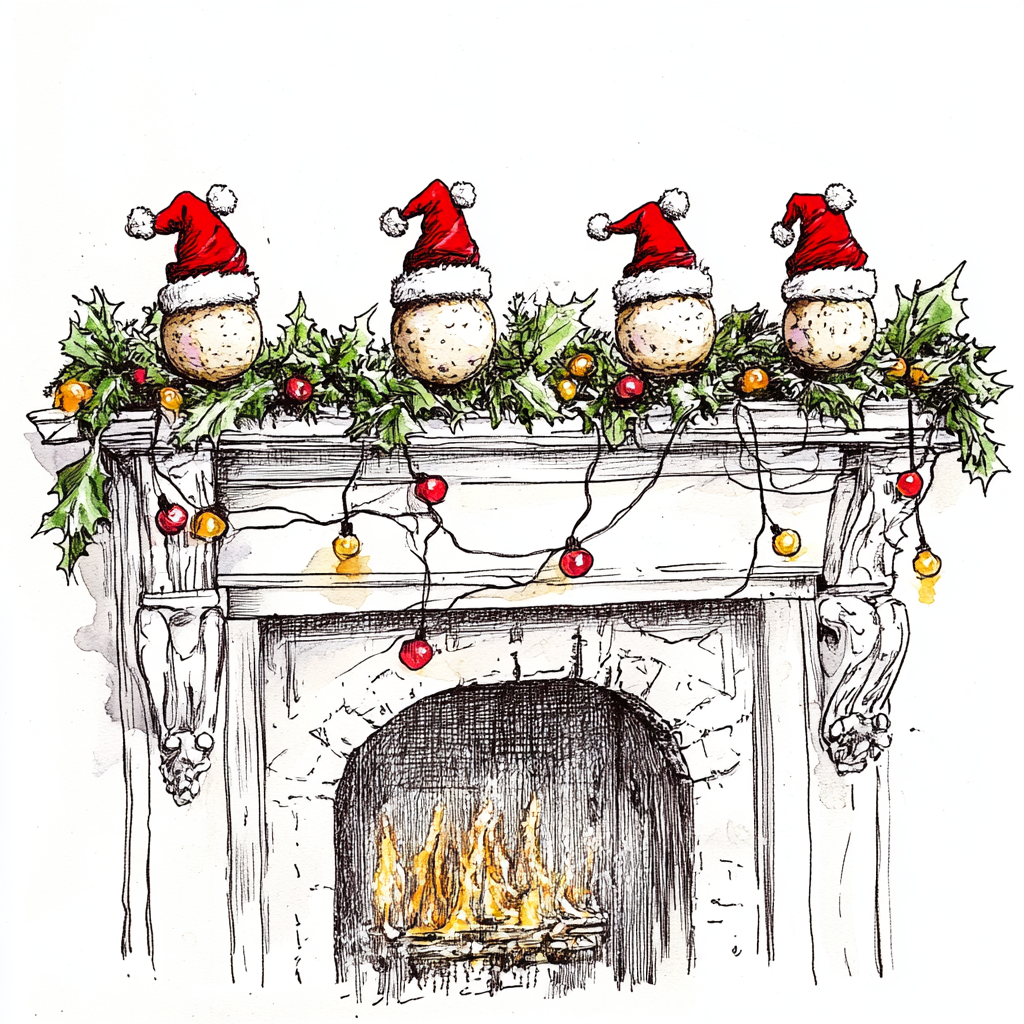 Christmas fireplace mantel with falafel balls with Santa hats.