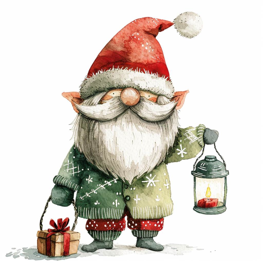 Christmas gnome in colorful outfit holding lantern