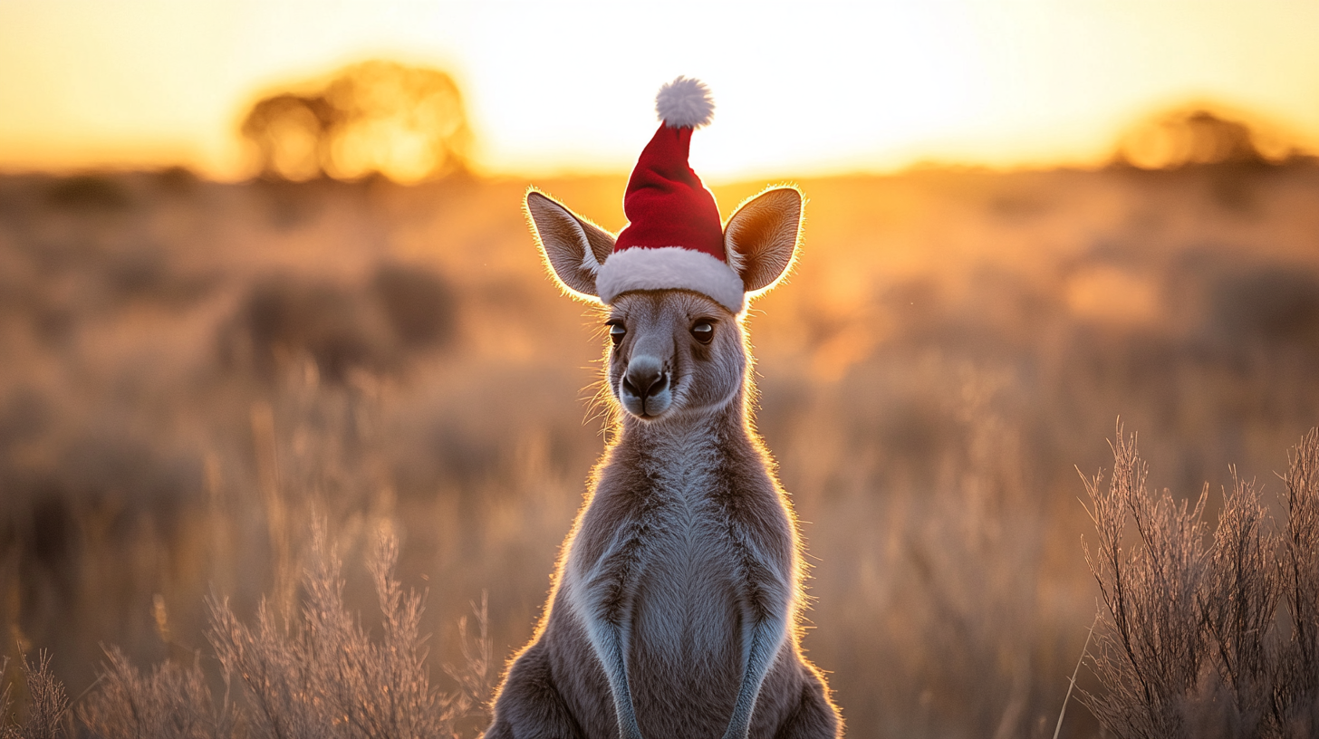 Christmas hat on kangaroo in Australian desert, epic landscape.