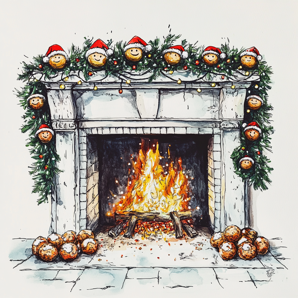 Christmas mantel with falafel balls decorated with santa hats.