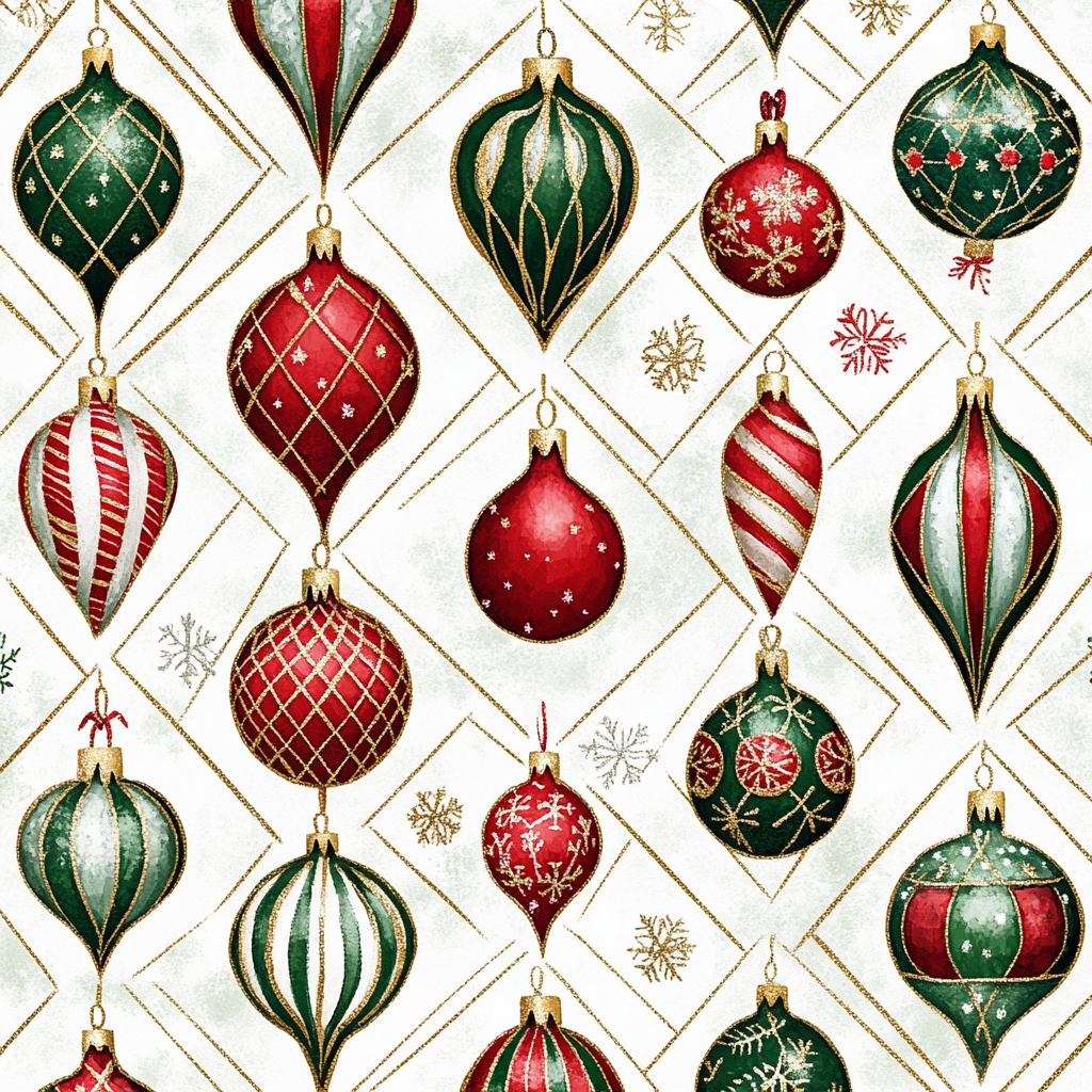 Christmas ornaments pattern with red, green, shimmering designs.