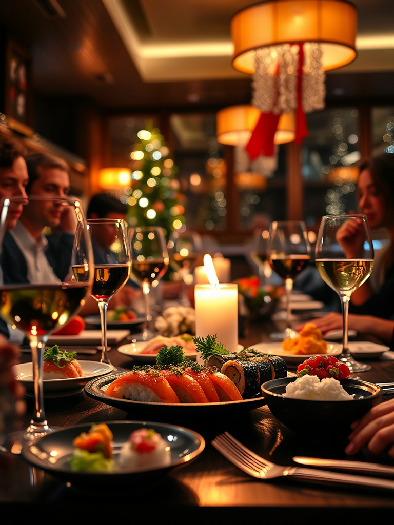 Christmas party with sushi and wine glasses