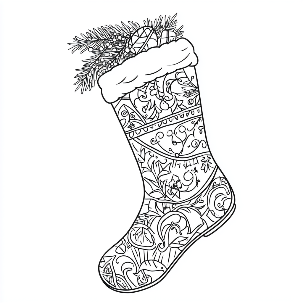 Christmas sock coloring book with various patterns