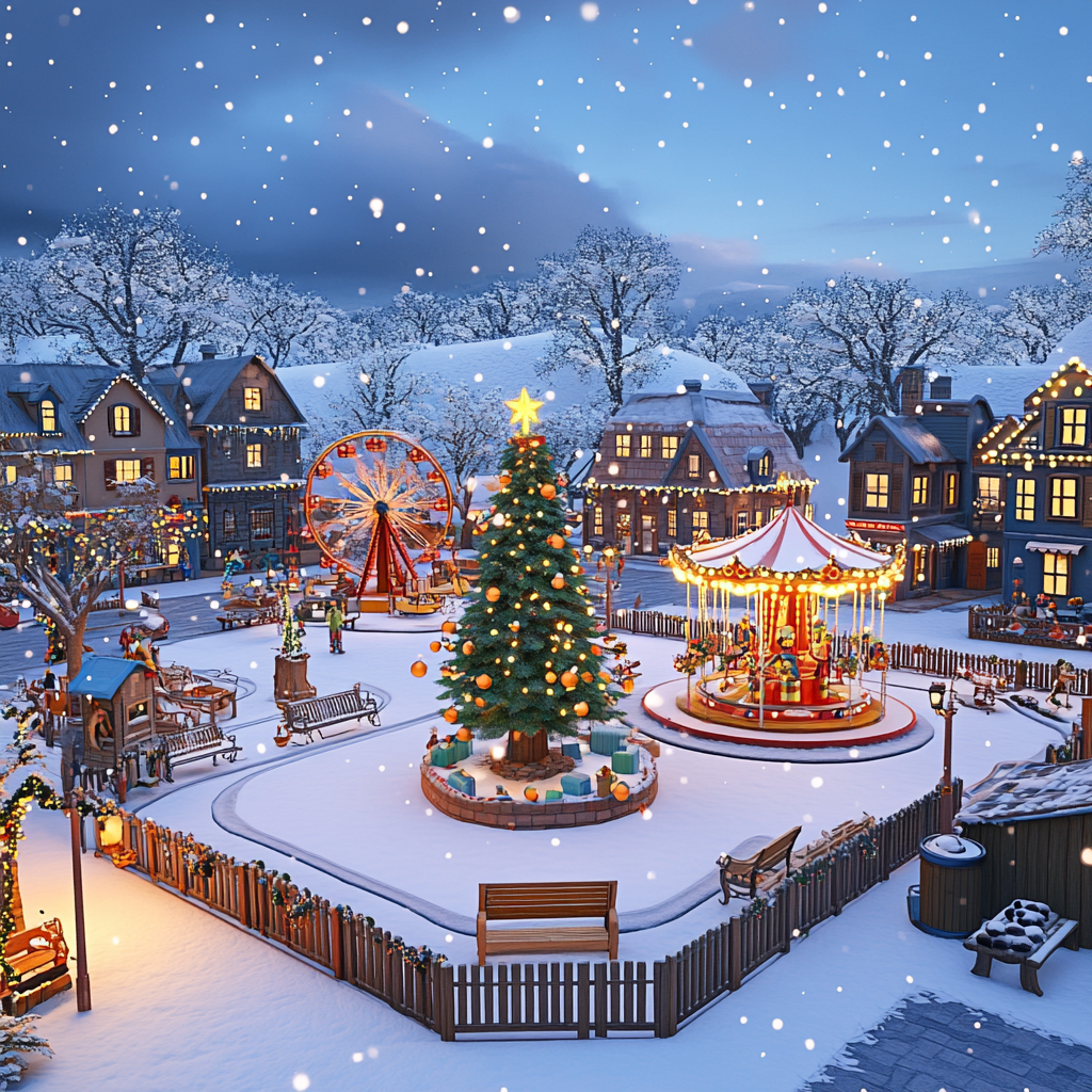 Christmas square with tree, ice rink, carousel, train.