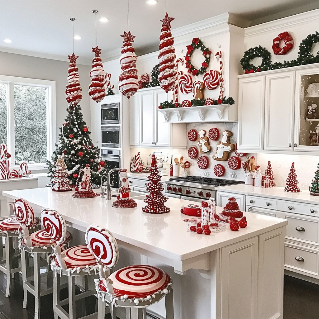 Christmas themed white kitchen with gingerbread decorations.