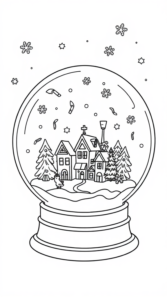 Christmas village snow globe with snowflakes - coloring page.