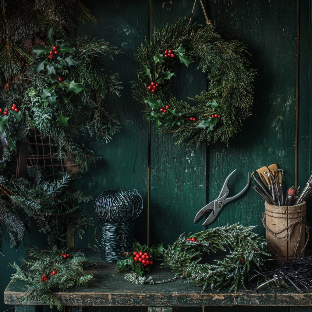 Christmas wreath making workbench with fir sprigs and holly.