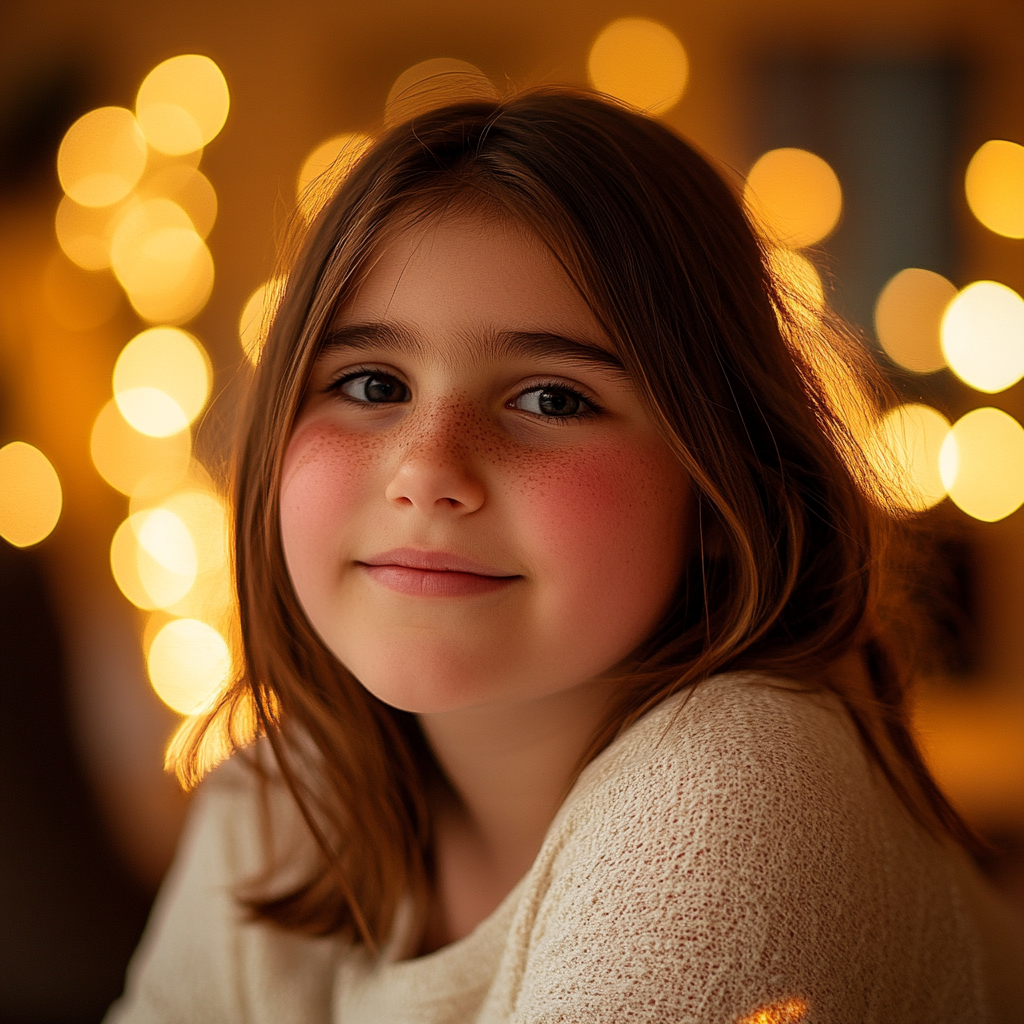 Chubby 12-year-old girl in cozy indoor setting portrait.