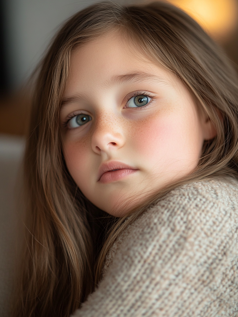 Chubby 12-year-old girl portrait with soft lighting.