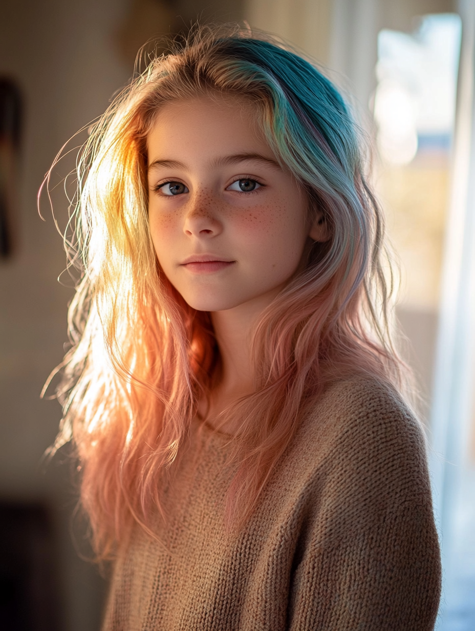 Chubby 12-year-old girl with colorful hair in cozy room.