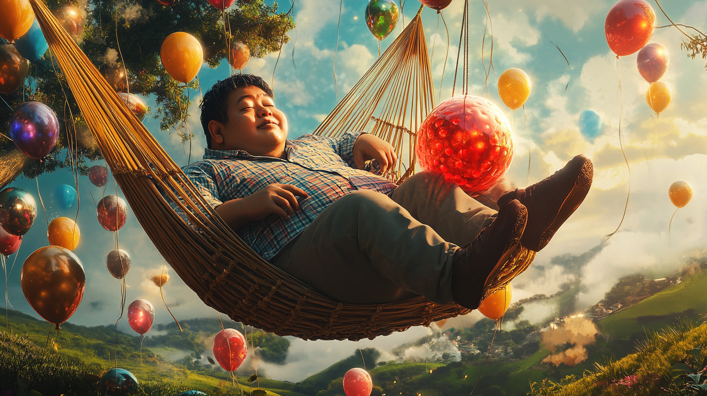 Chubby Asian Man Relaxing in Hammock with Balloons