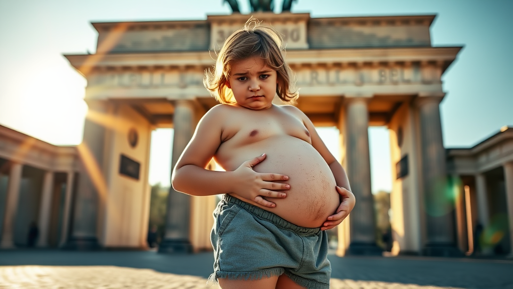 Chubby Boy Posing Unhappily at Brandenburger Tor Morning