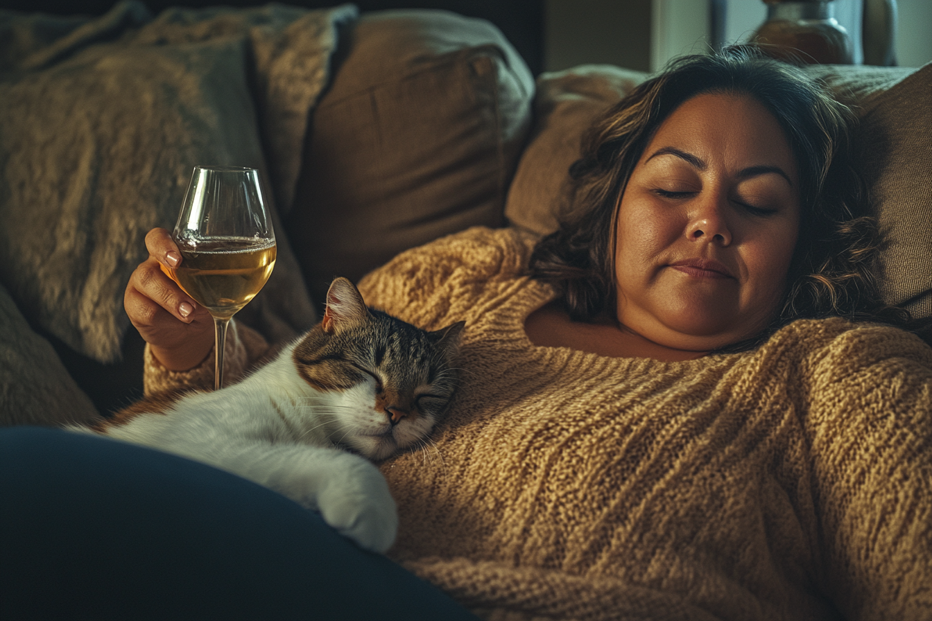 Chubby Hispanic woman with cat and glass of wine.