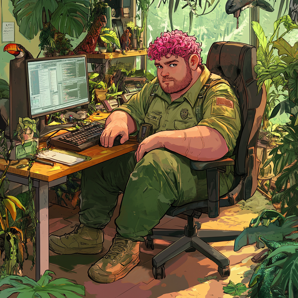 Chubby IT professional in jungle office with animals.