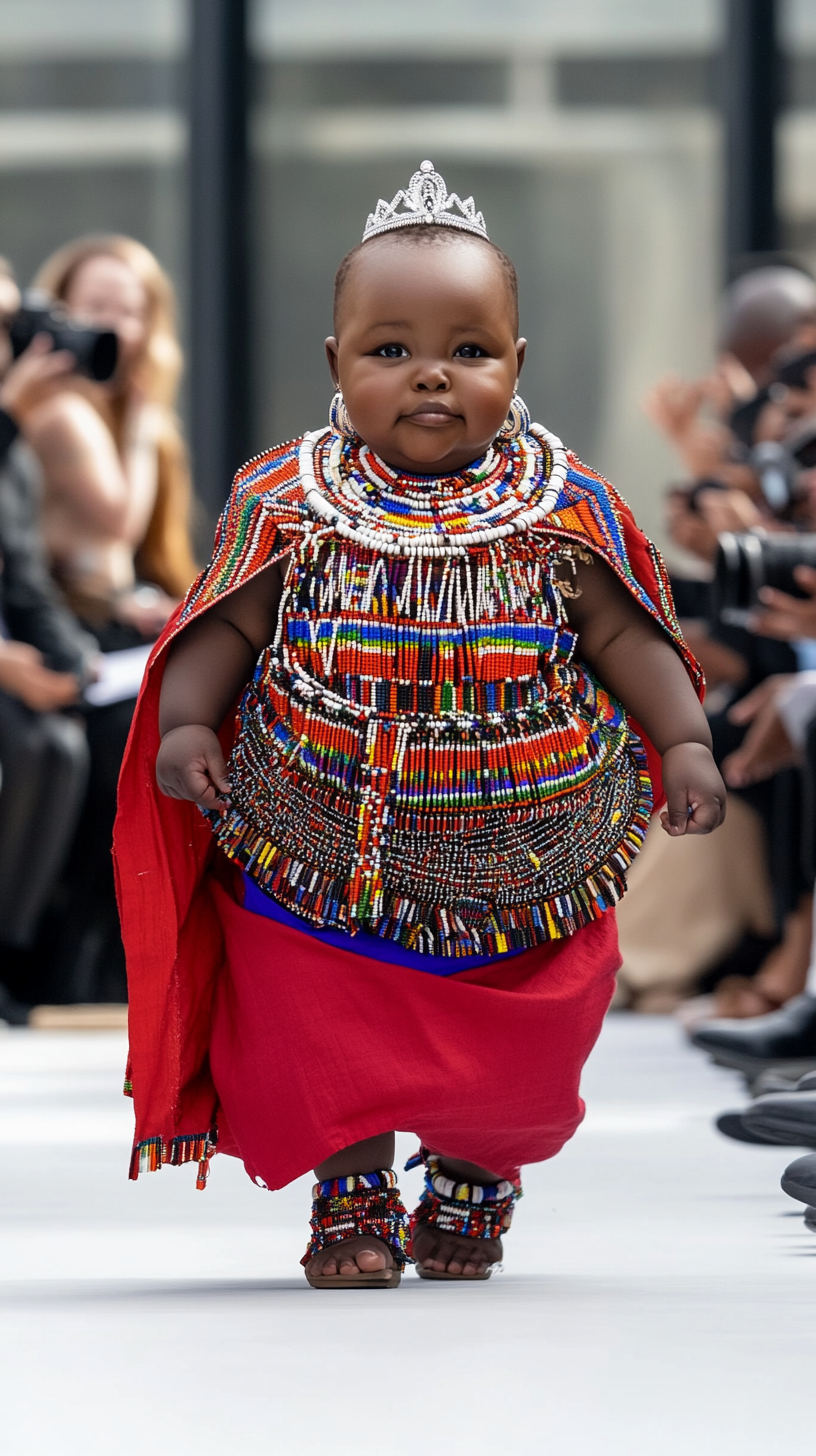 Chubby Kenyan baby poses like supermodel at fashion show.