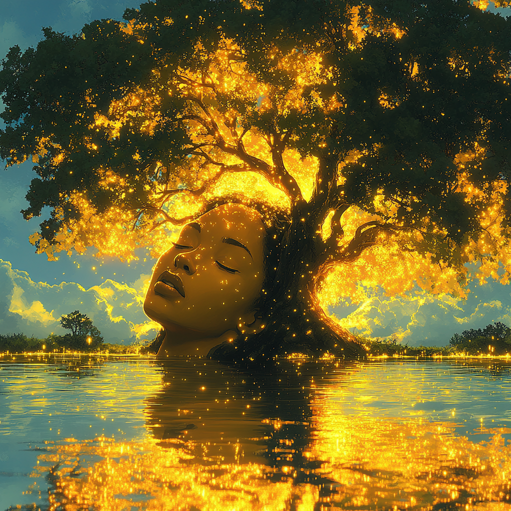 Chubby black woman infuses cosmic energy into big tree.