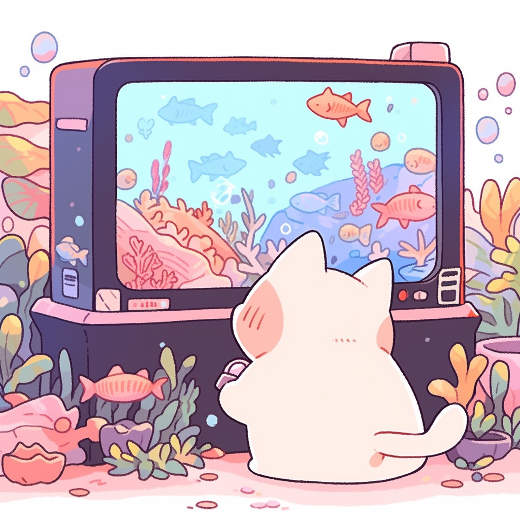 Chubby cat watching fish in cozy aquarium scene.