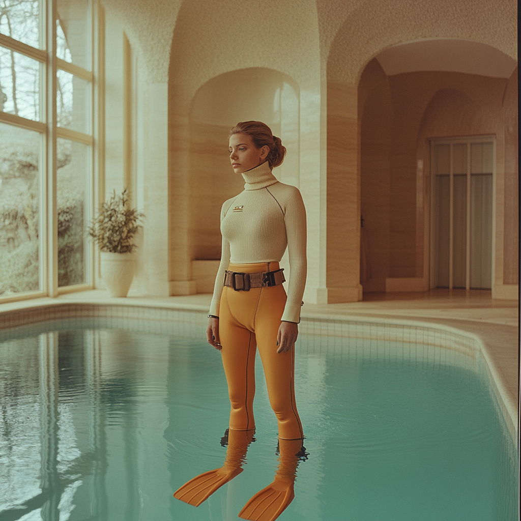 Chubby danish woman in cream turtleneck by indoor pool