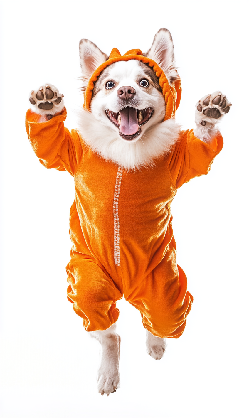 Chubby dog in Halloween costume jumps happily.