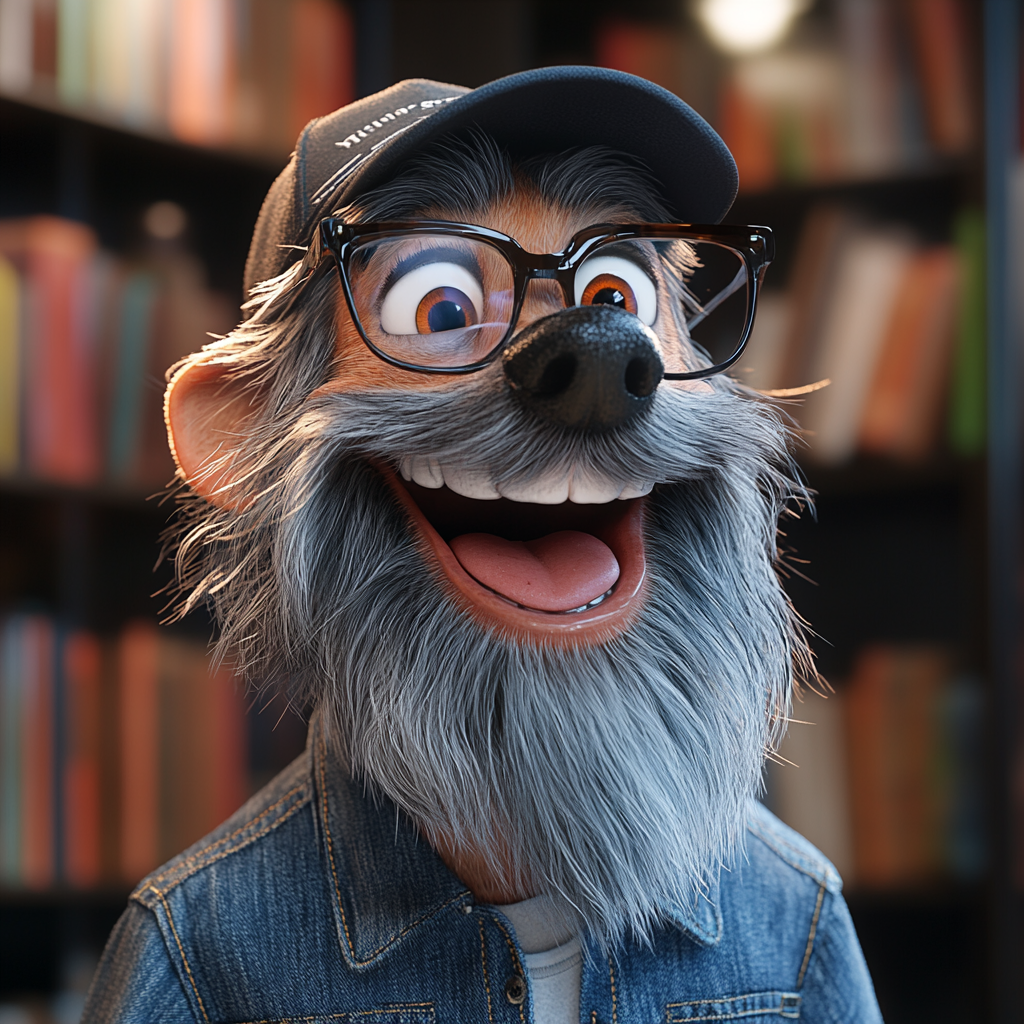 Chubby dog in trucker cap smiles in library.