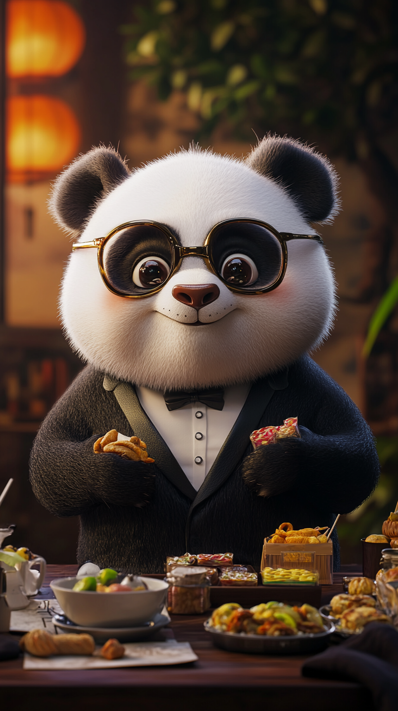 Chubby panda in black suit, clumsy, loves snacks.