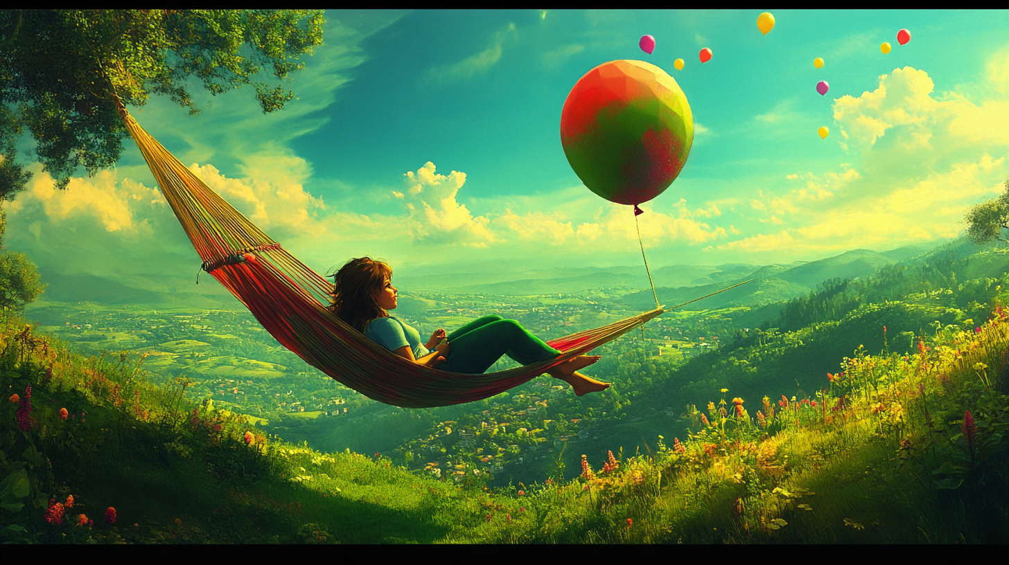 Chubby woman in balloon hammock against lush landscape