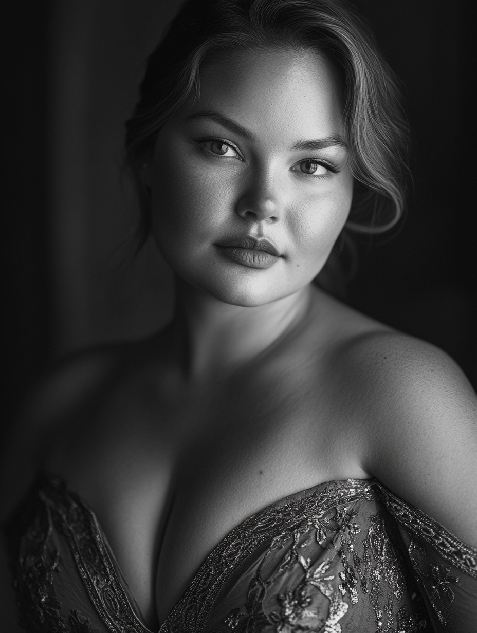 Chubby woman in elegant evening dress portrait. Canon EOS-1D X Mark III camera. Monochrome.