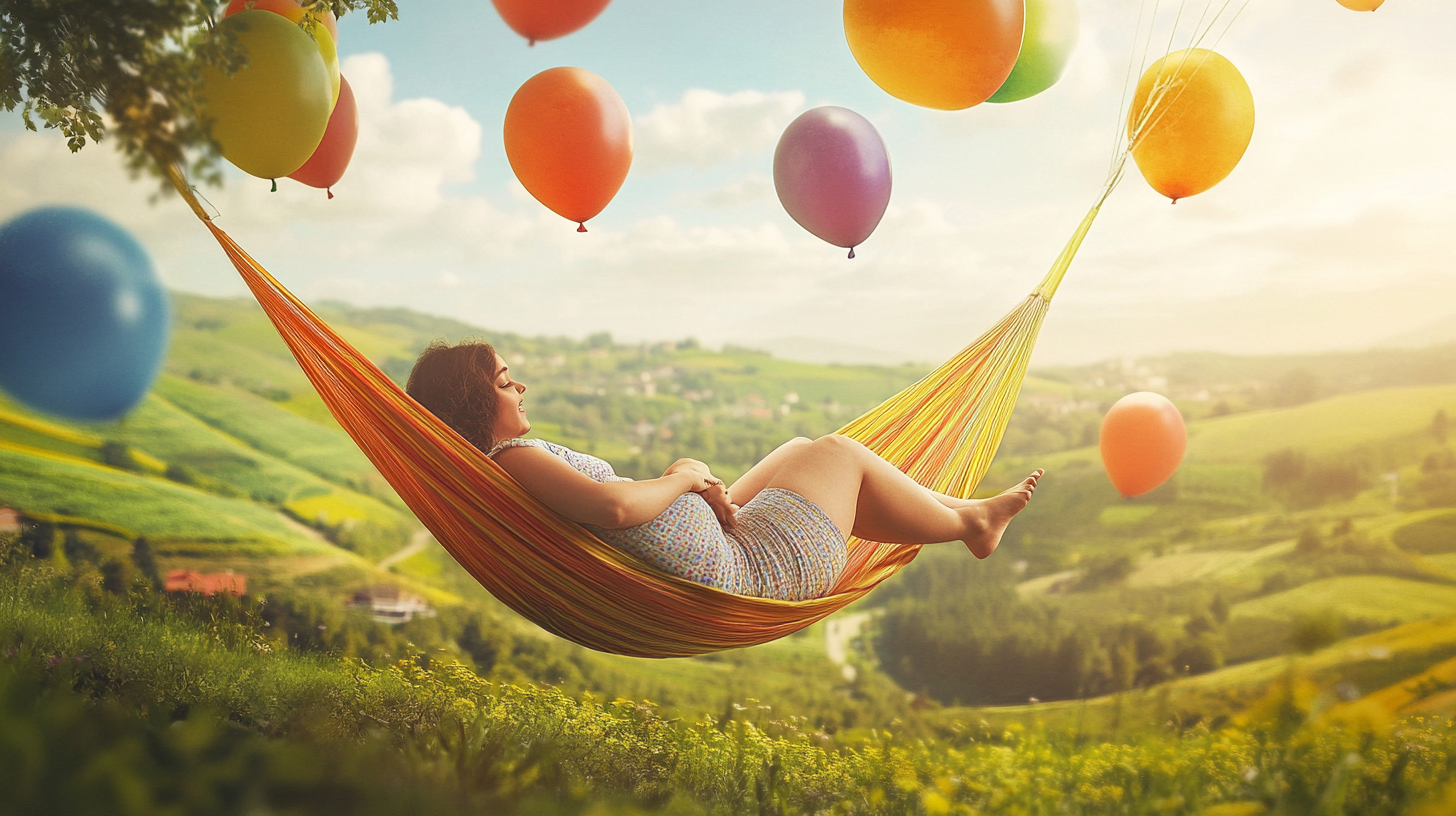 Chubby woman relaxes in hammock held by colorful balloons