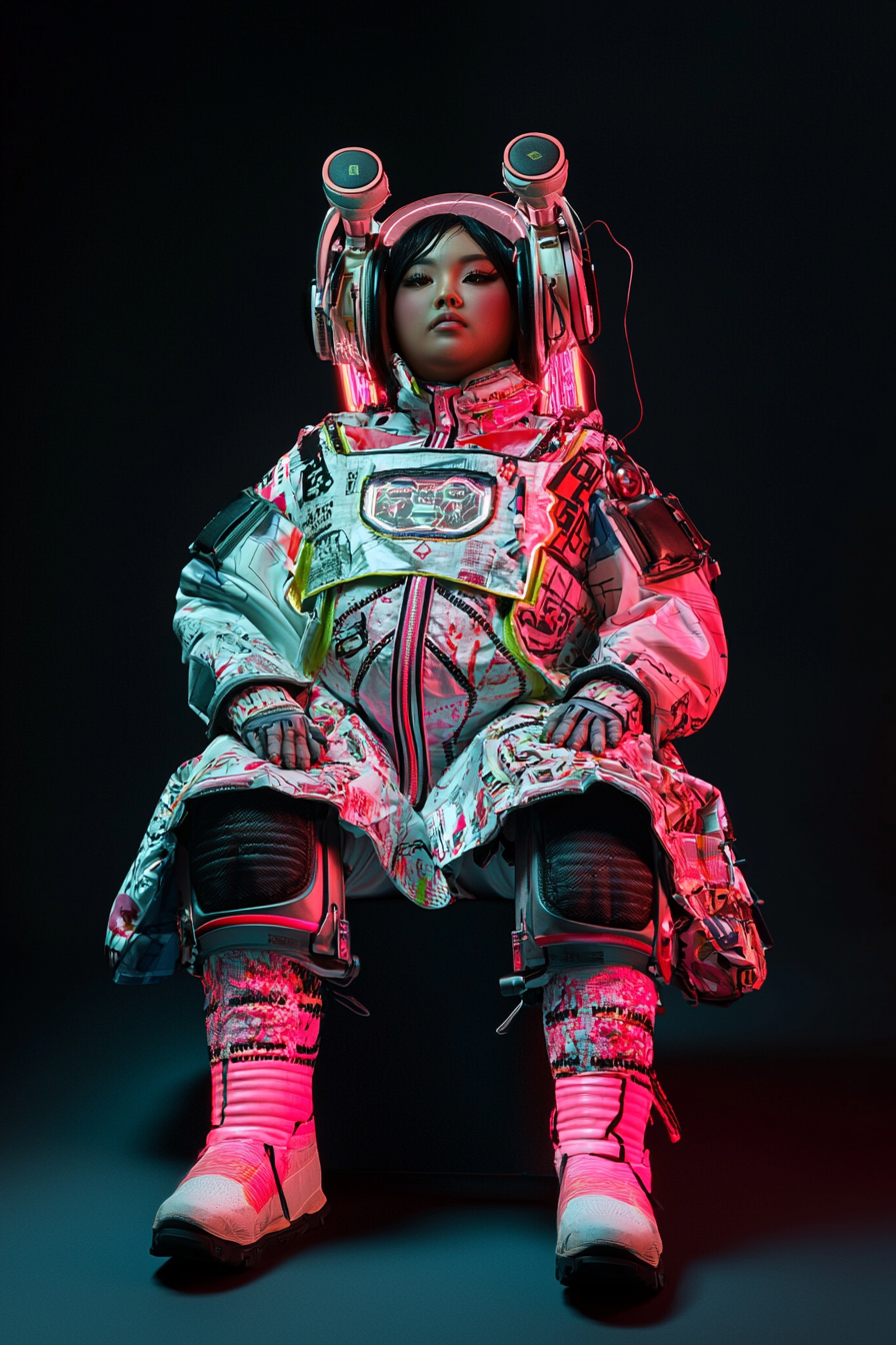 Chubby woman wears futuristic harajuku outfit in photo.