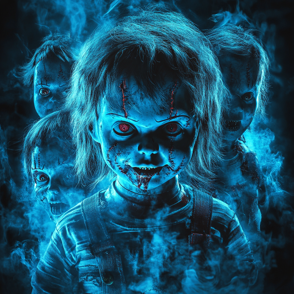 Chucky dolls in menacing poses, eerie composition with blue filter.