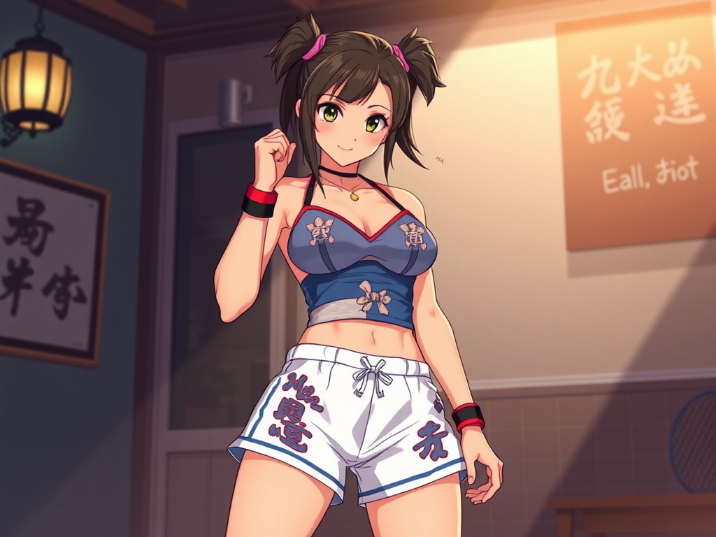 Chun-Li wearing shorts in anime style.