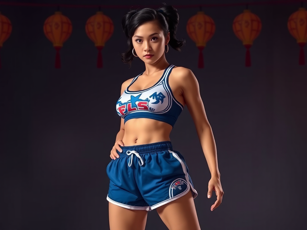 Chun-li is wearing denim shorts.