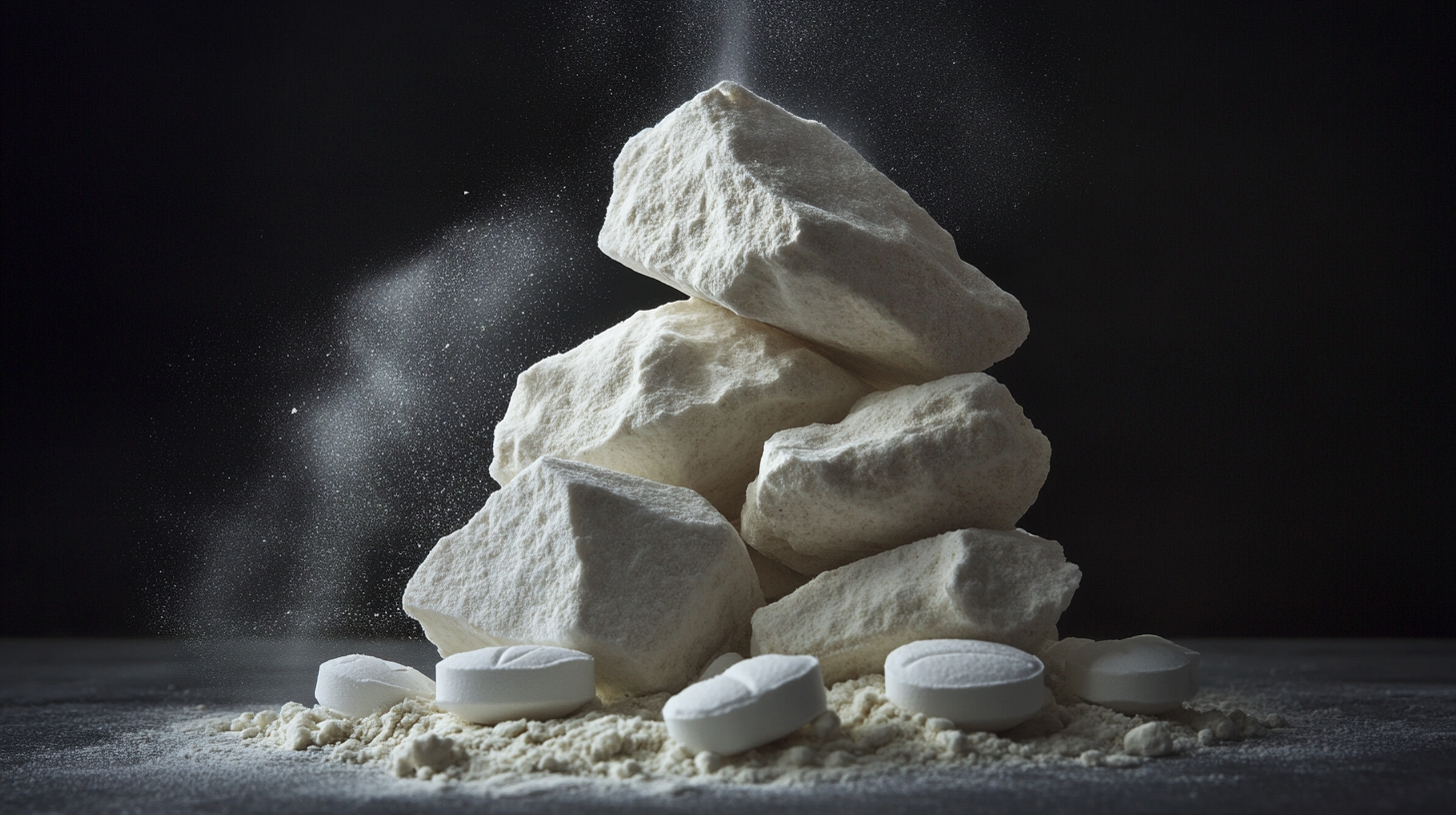 Chunks of white medical pills stacked like rocks