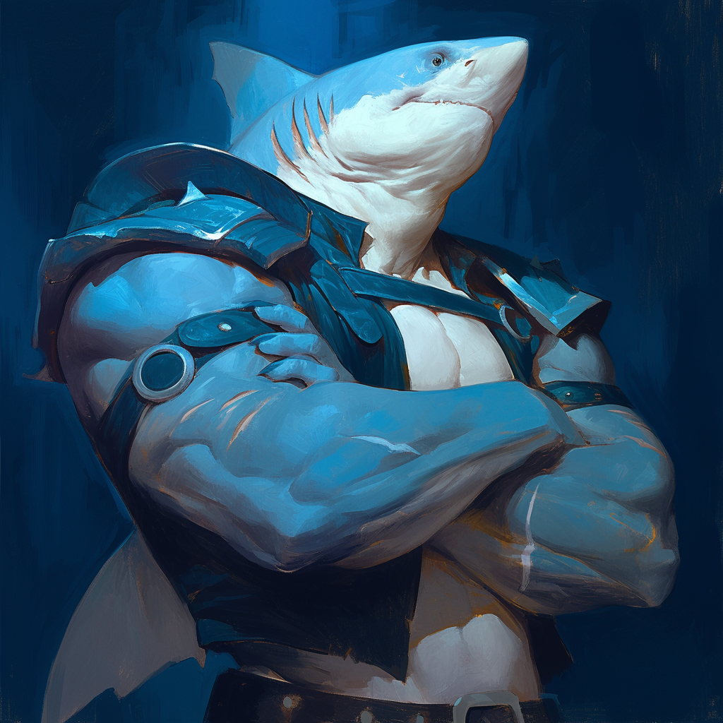 Chunky Shark in Dark Blue Armor, HD Anime Style