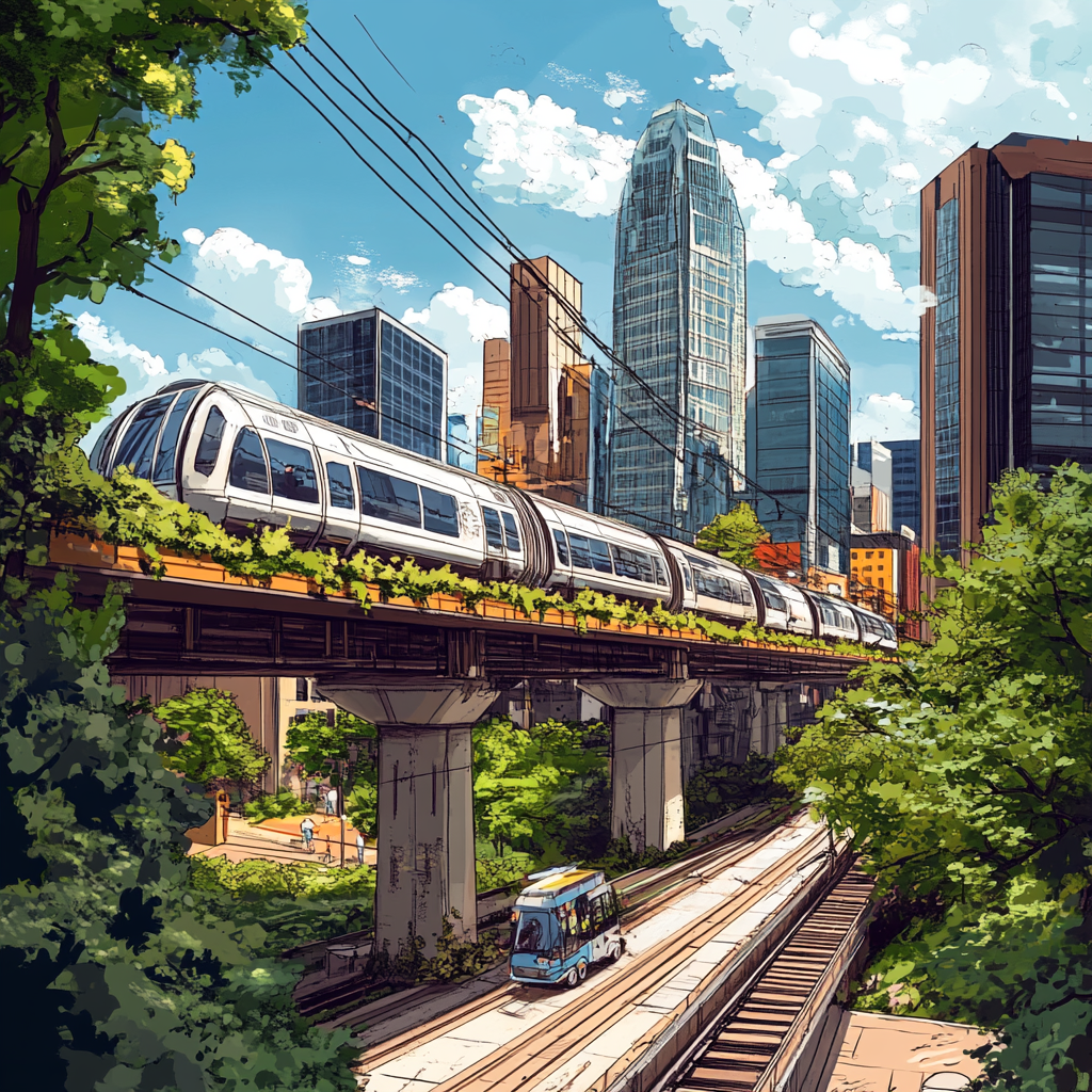 Cincinnati in 2050: tech, design, solarpunk theme, monorail/bike path, less traffic.