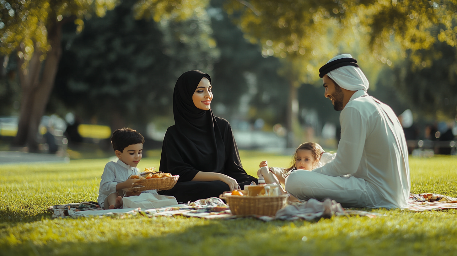 Cinematic 16:9 Portrait of Arab Family in Park