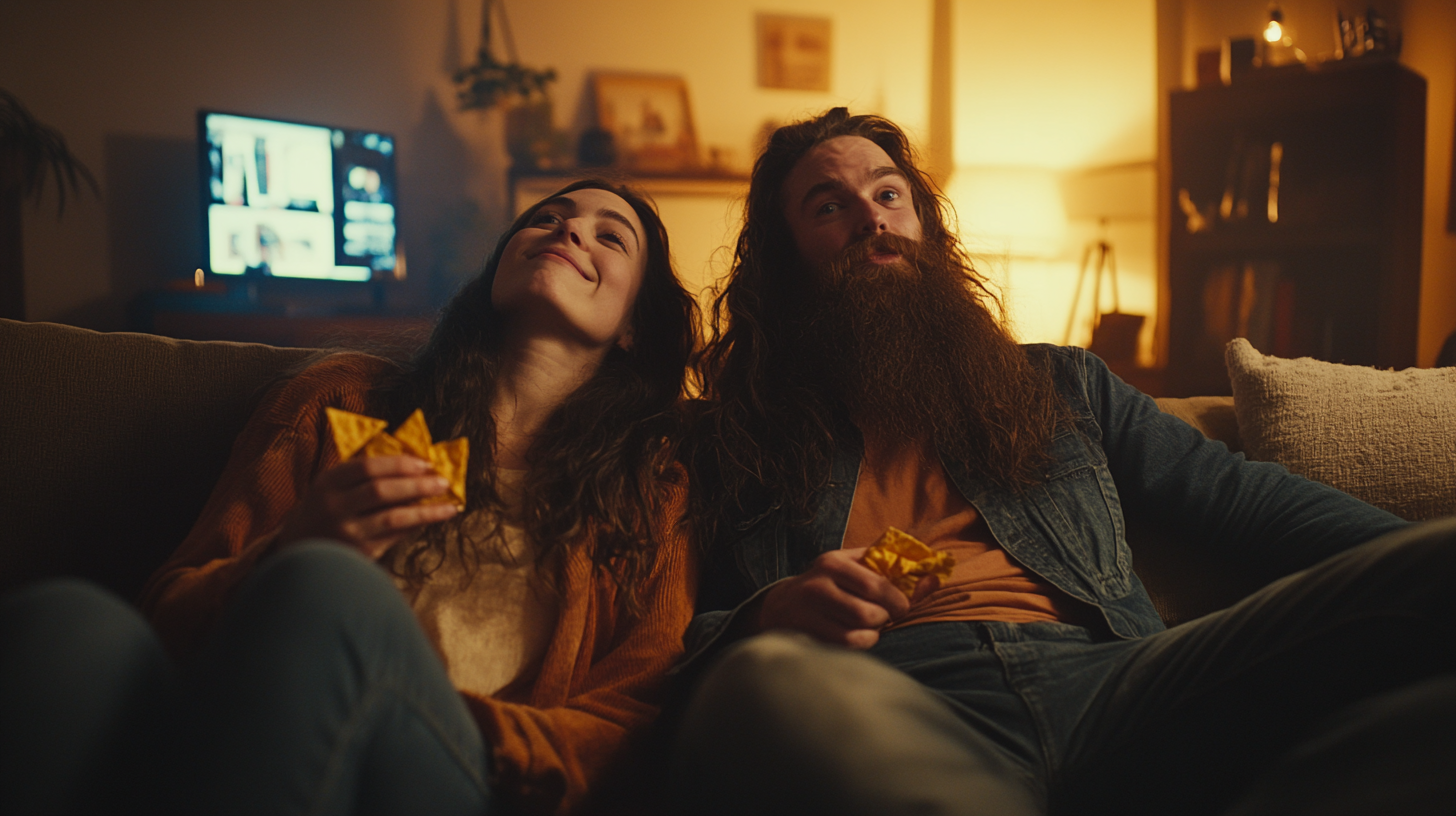 Cinematic 4K Guy Ritchie Style: Bearded couple snacking