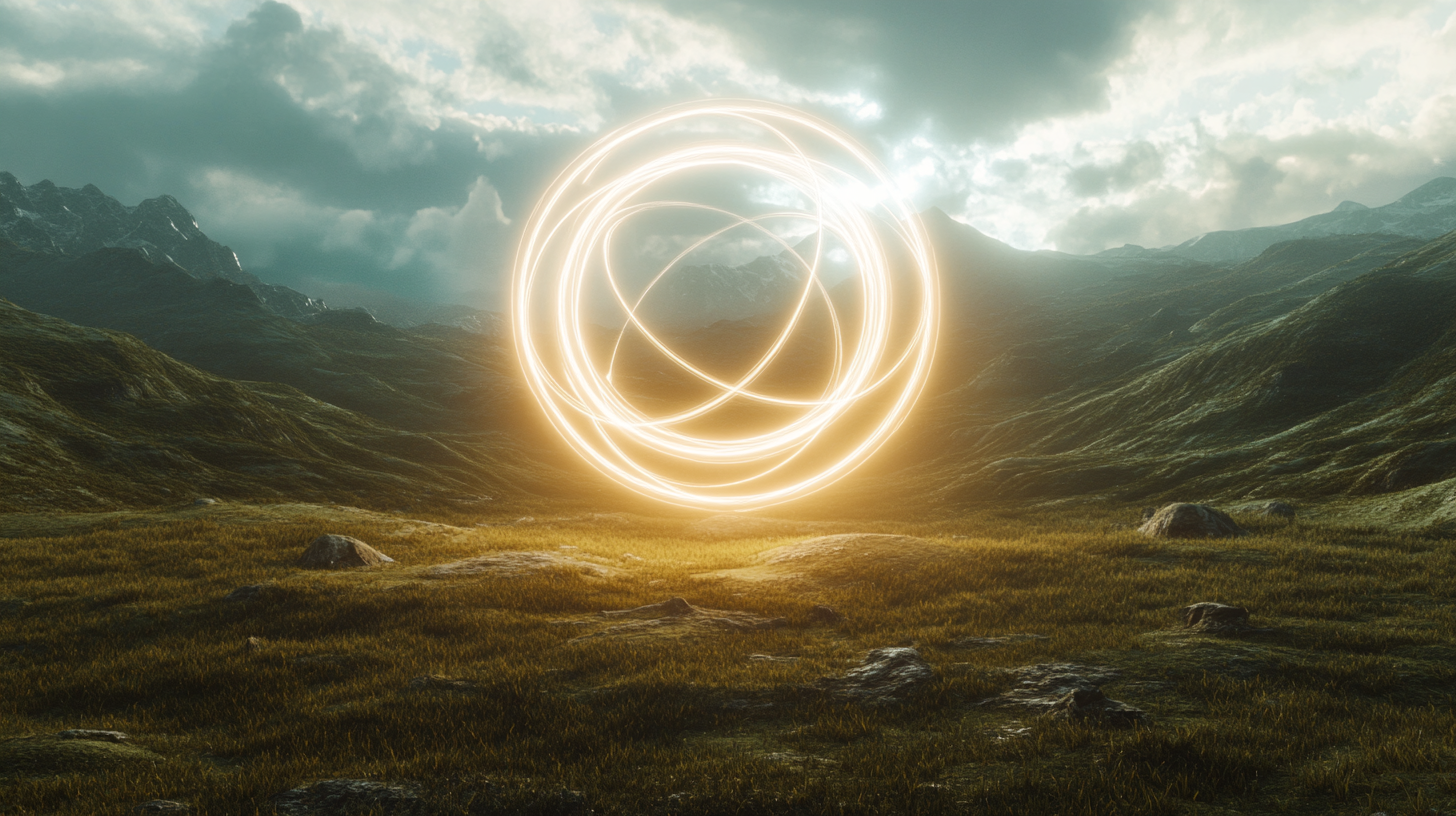 Cinematic 8K digital art, spherical light anomaly surrounded by rings.