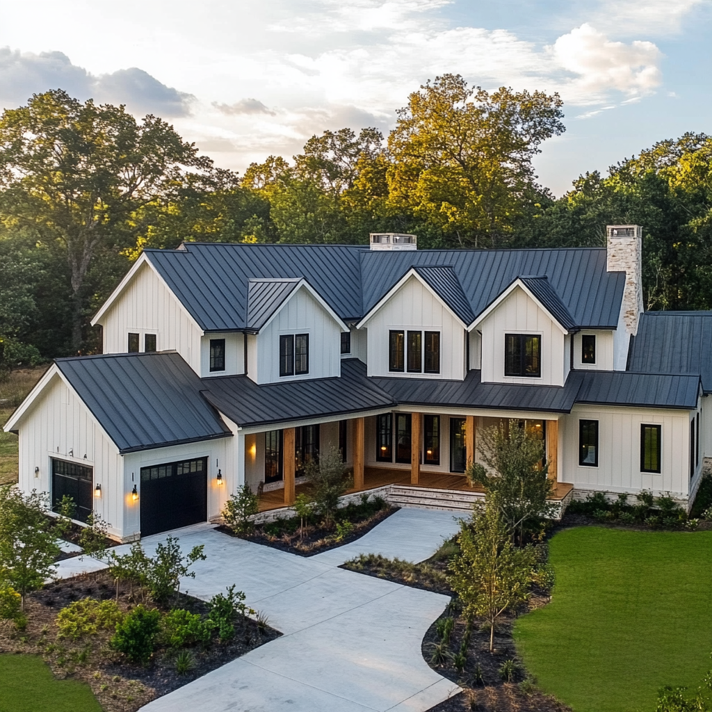 Cinematic Aerial View of Multiunit Farmhouse with Beautiful Landscaping