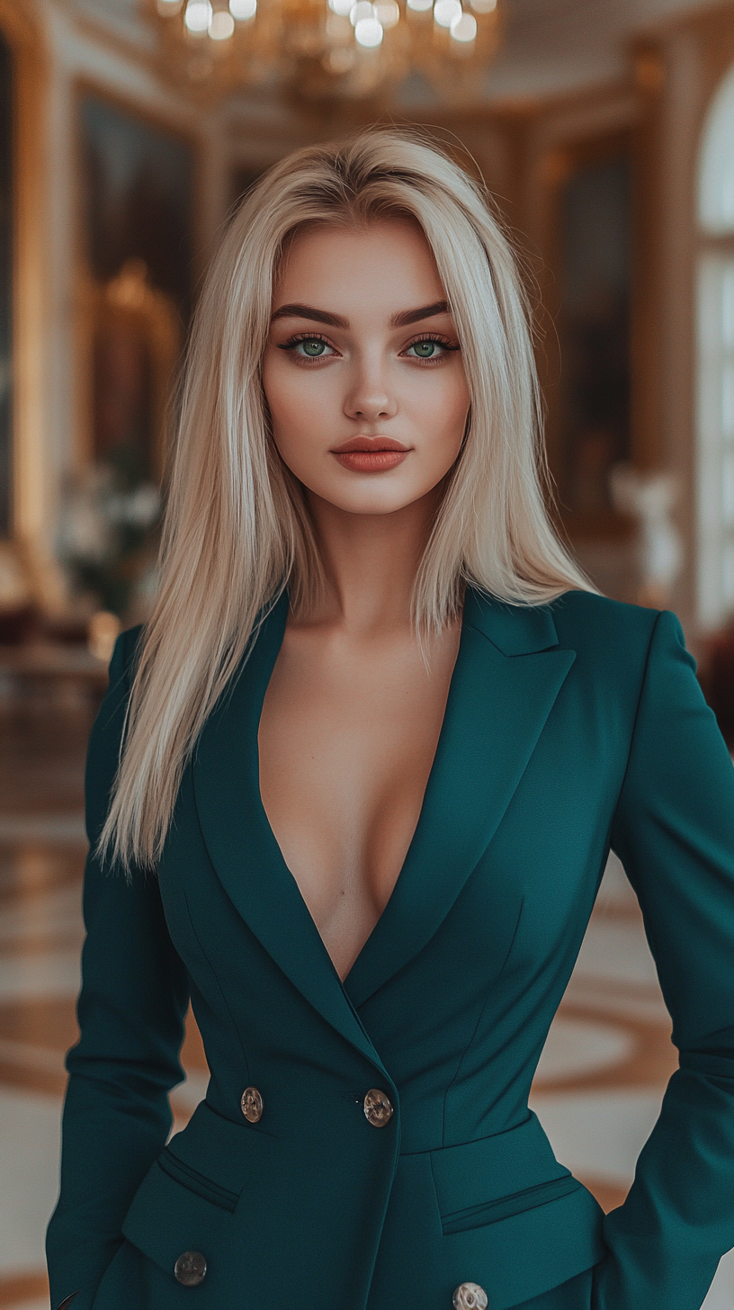 Cinematic European Woman Ready for Adventure in Elegant Hall