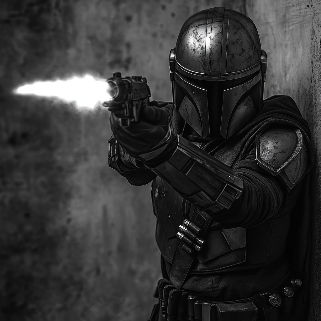 Cinematic Mandalorian with blaster, realistic digital art 