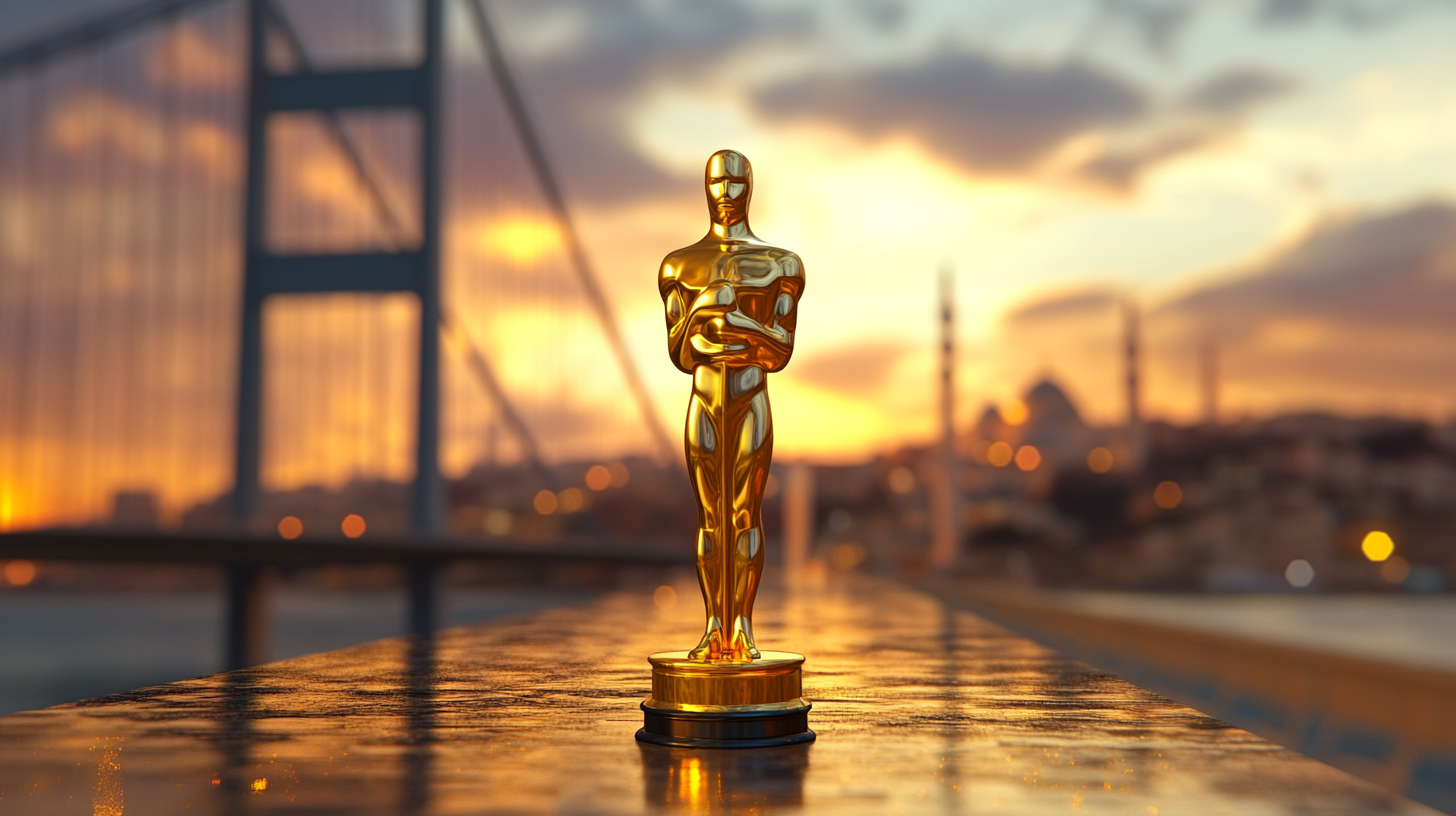 Cinematic Oscar Statue Strolling on Istanbul Bridge