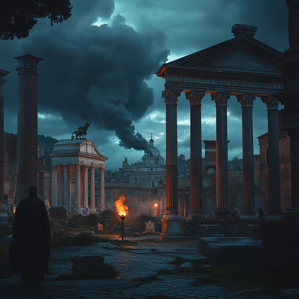 Cinematic Rome Dusk Prophecy Ominous Figure Storm Clouds 8k