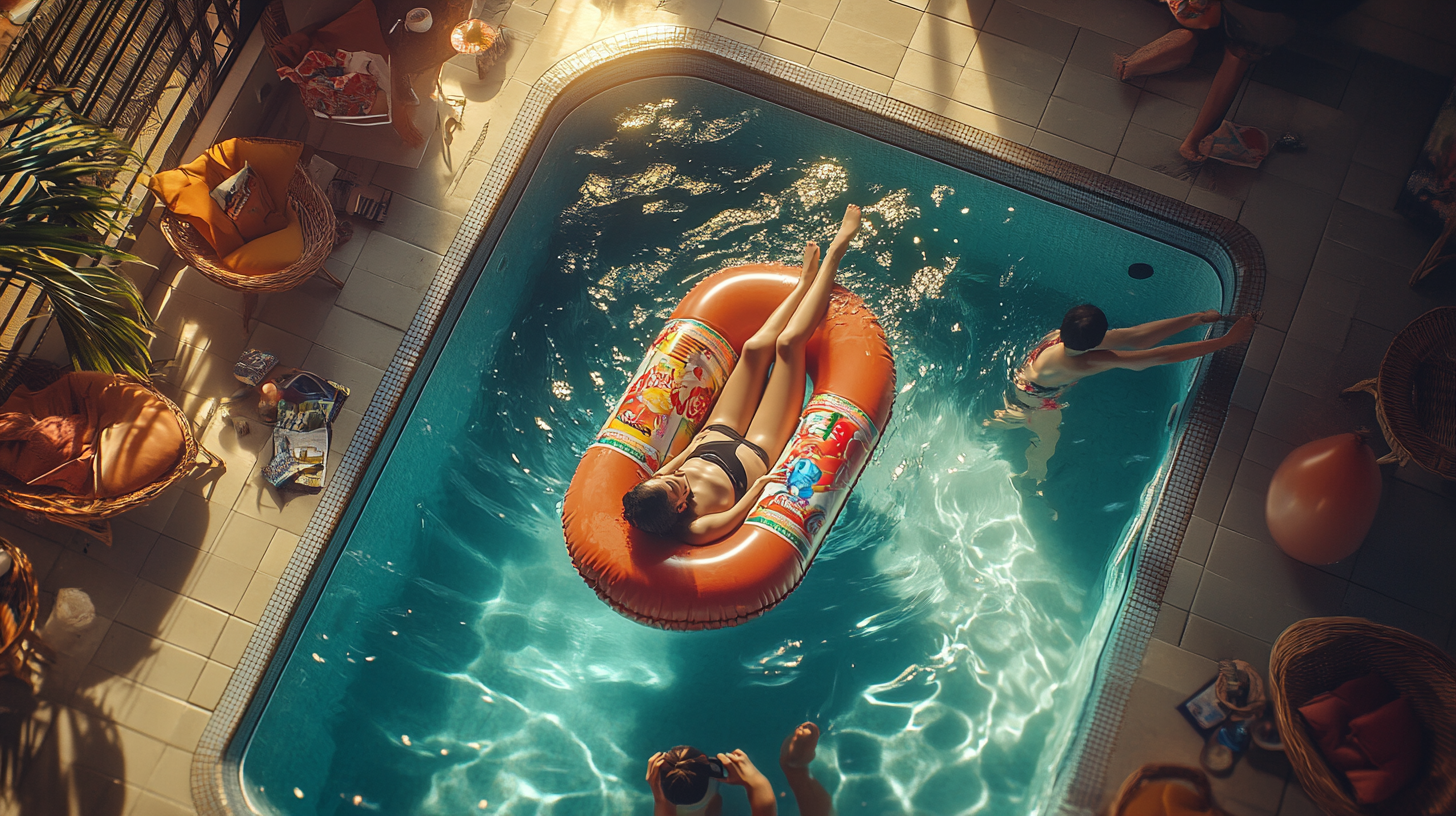 Cinematic Sunset Pool Party with Soda Can Inflatable