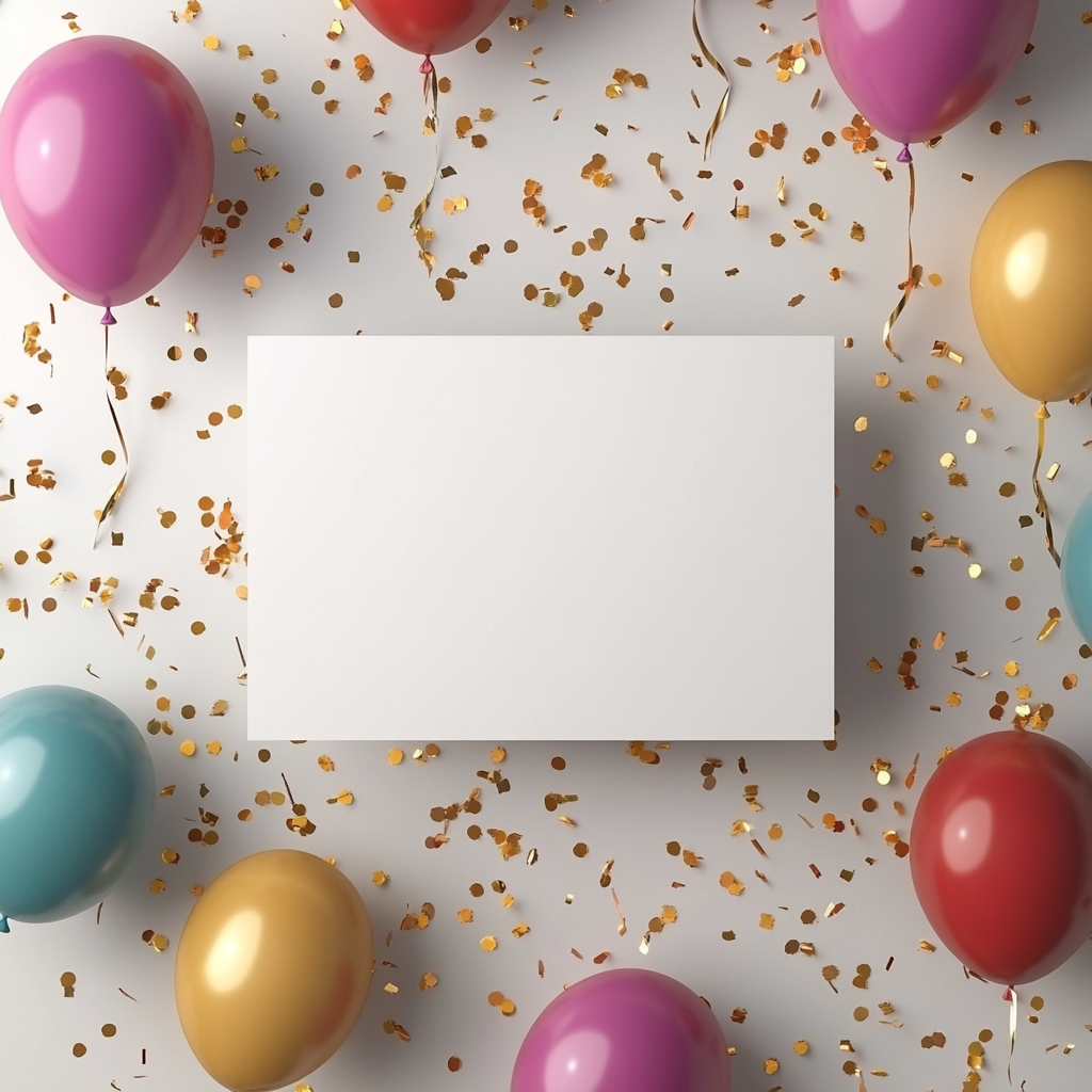 Cinematic White Card with Gold Confetti and Colorful Balloons