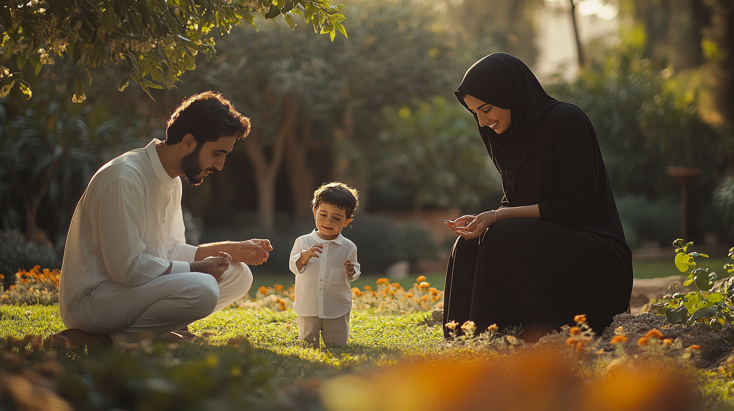 Cinematic Wide View of Arab Family in Garden