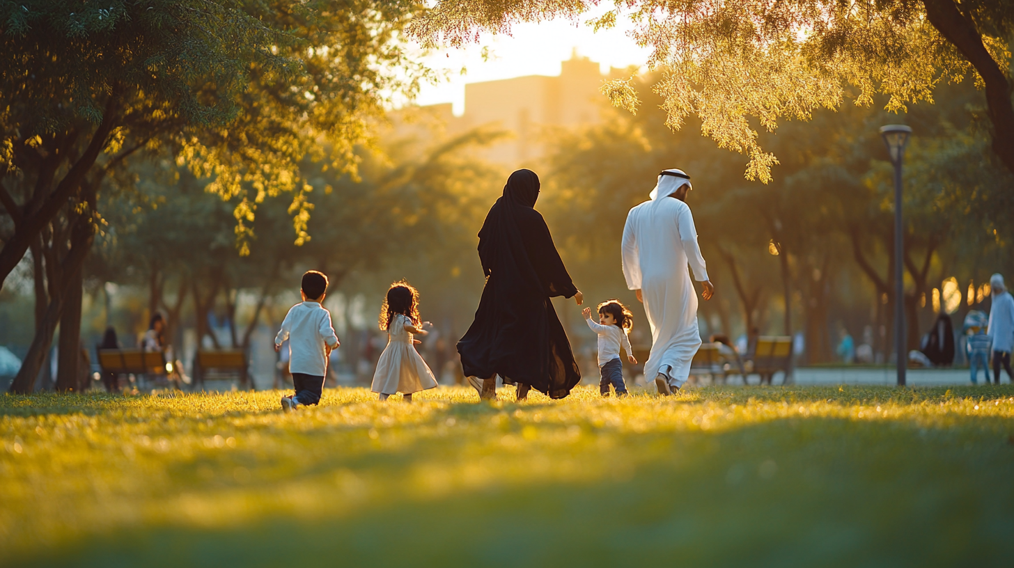 Cinematic Wide View of Arab Family in Public Park.