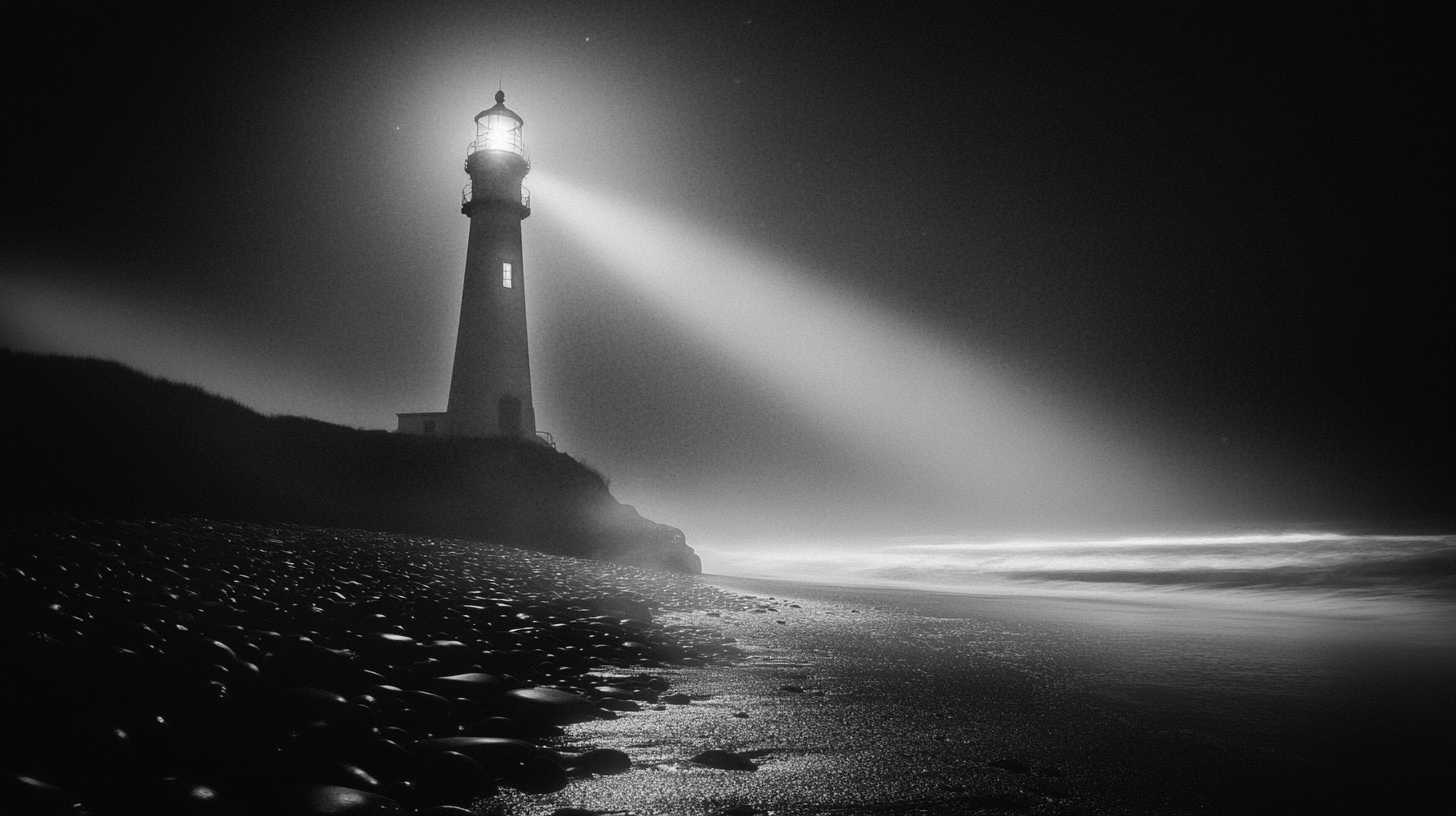 Cinematic black and white lighthouse illuminating ship.